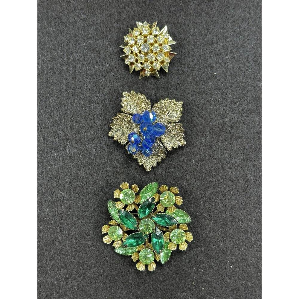 3 Vintage Round Rhinestone Crystal Brooch‎  Blue Green Clear